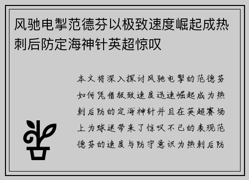 风驰电掣范德芬以极致速度崛起成热刺后防定海神针英超惊叹 风驰电掣范德芬以极致速度崛起成热刺后防定海神针英超惊叹
